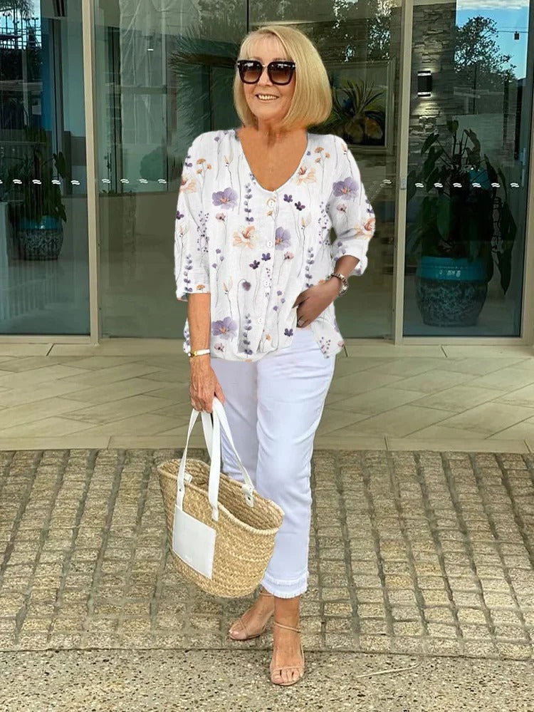 Lightweight Floral Linen V-Neck Blouse – Airy and Elegant
