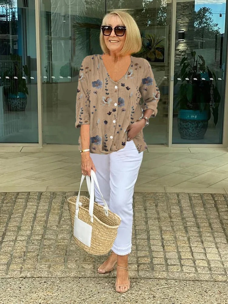 Lightweight Floral Linen V-Neck Blouse – Airy and Elegant