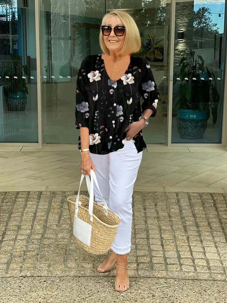 Lightweight Floral Linen V-Neck Blouse – Airy and Elegant