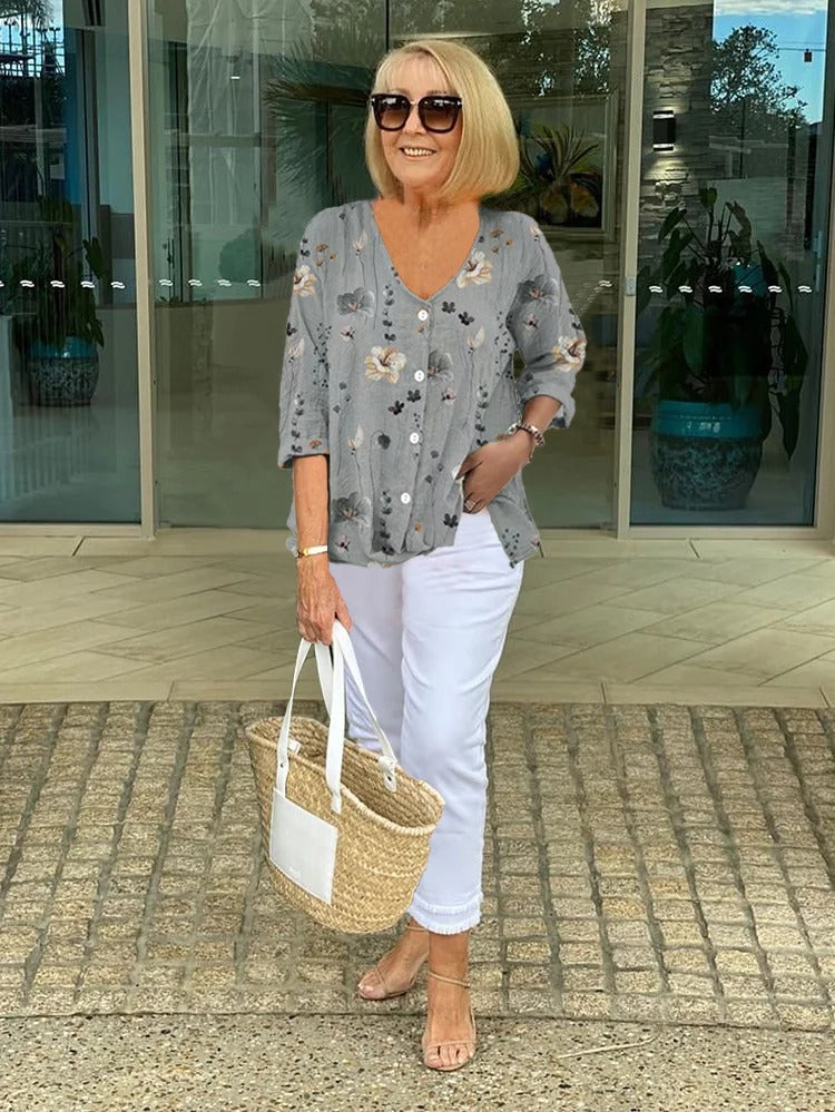 Lightweight Floral Linen V-Neck Blouse – Airy and Elegant