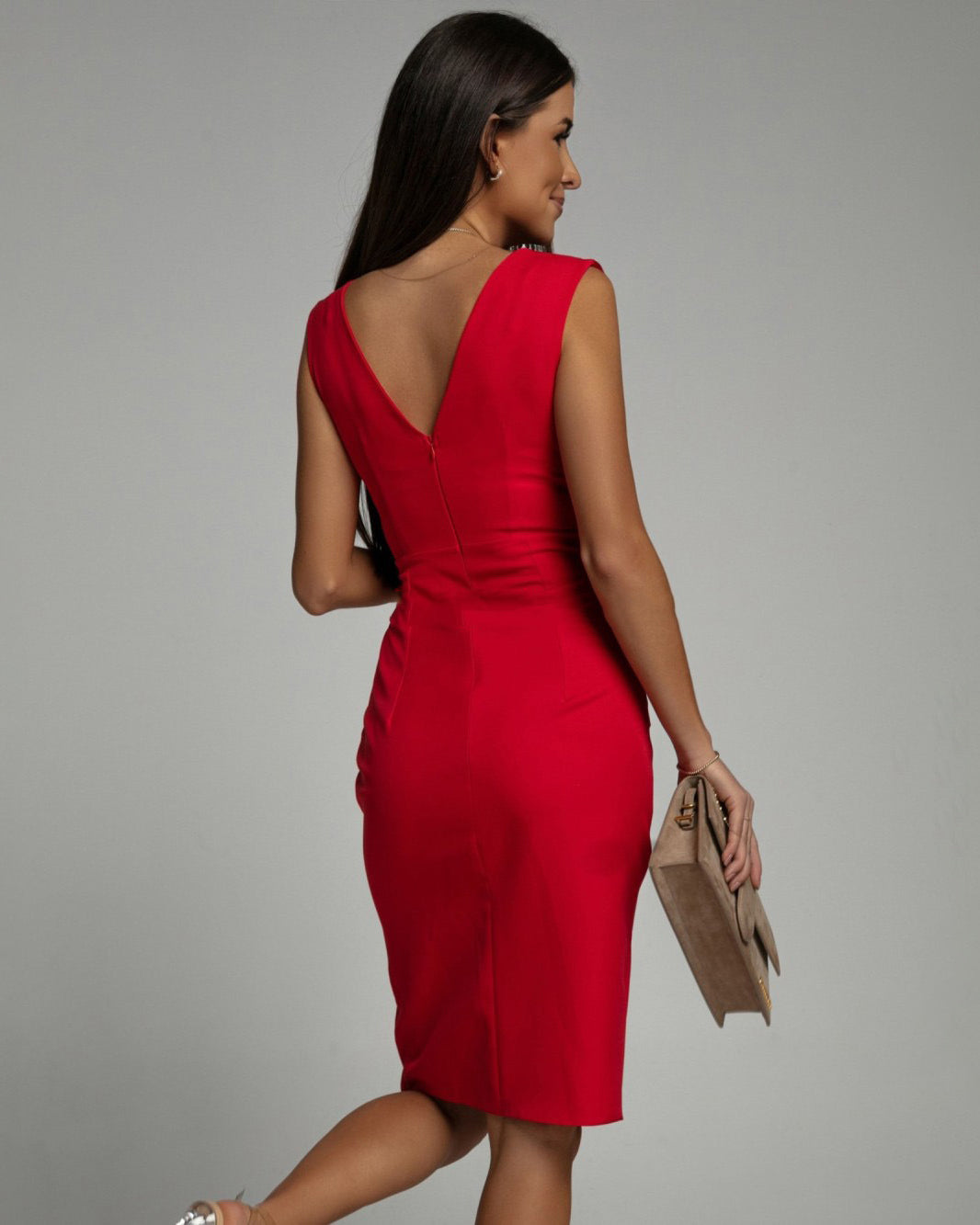 V-Neck Midi Cocktail Dress – Elegant and Refined