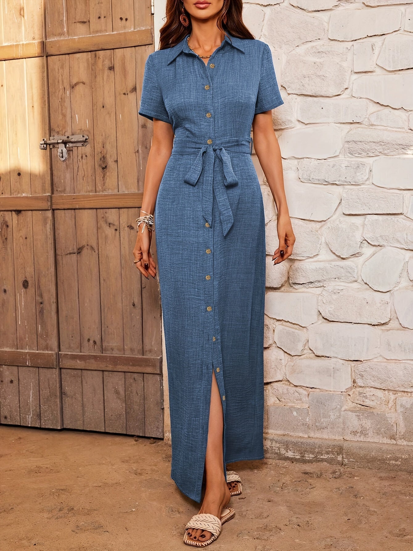 Elegant Single-Breasted Maxi Dress – Flowing and Refined