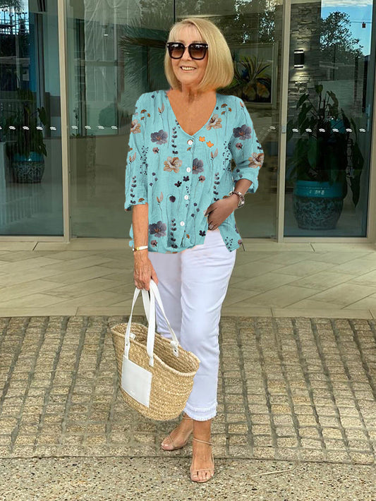 Lightweight Floral Linen V-Neck Blouse – Airy and Elegant